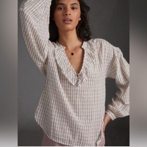 Pilcro Anthropologie Chic Ruffle Stripe Peasant Sleeve Blouse XS Cotton Linen